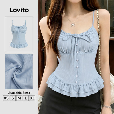 (New Arrival) Lovito Áo nữ xanh mùa xuân/hè vải dệt buộc dây trang trí thường ngày TKK8P2D744
