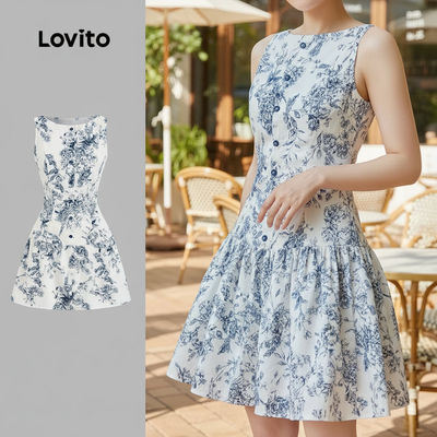 Lovito Phong cách thường ngày Váy xanh nút cài mùa Xuân/Hè dành cho nữ - Trang phục L151AD004
