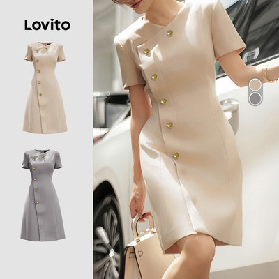 Đầm Lovito thanh lịch bất đối xứng có nút mùa xuân/hè màu kaki nhạt cho nữ LK3ED1887
