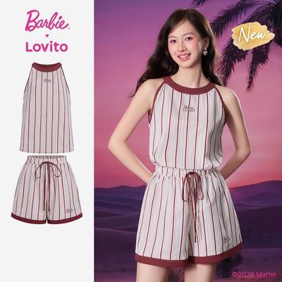(New Arrival) Barbie™ X Lovito Áo Top Nữ Đỏ Xuân/Hè Không Tay Cổ Tròn Eo Trung Chân Rộng Phối Màu Vai Trống LBL5AD052