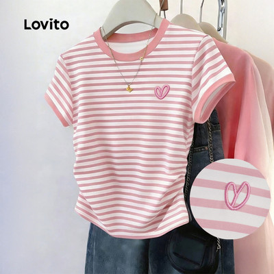 Lovito Áo thun nữ màu hồng mùa xuân/hè thêu khối màu thanh lịch LK6ED167