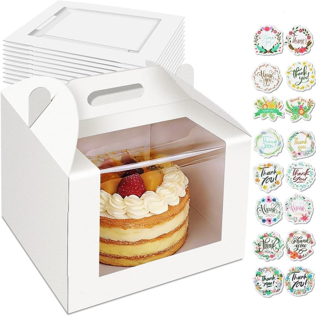 10 Pcs Cake Boxes 10 Inch with Handle, 10x10x8 Inches Tall Cake Box with Window for Tier Cakes, Bake