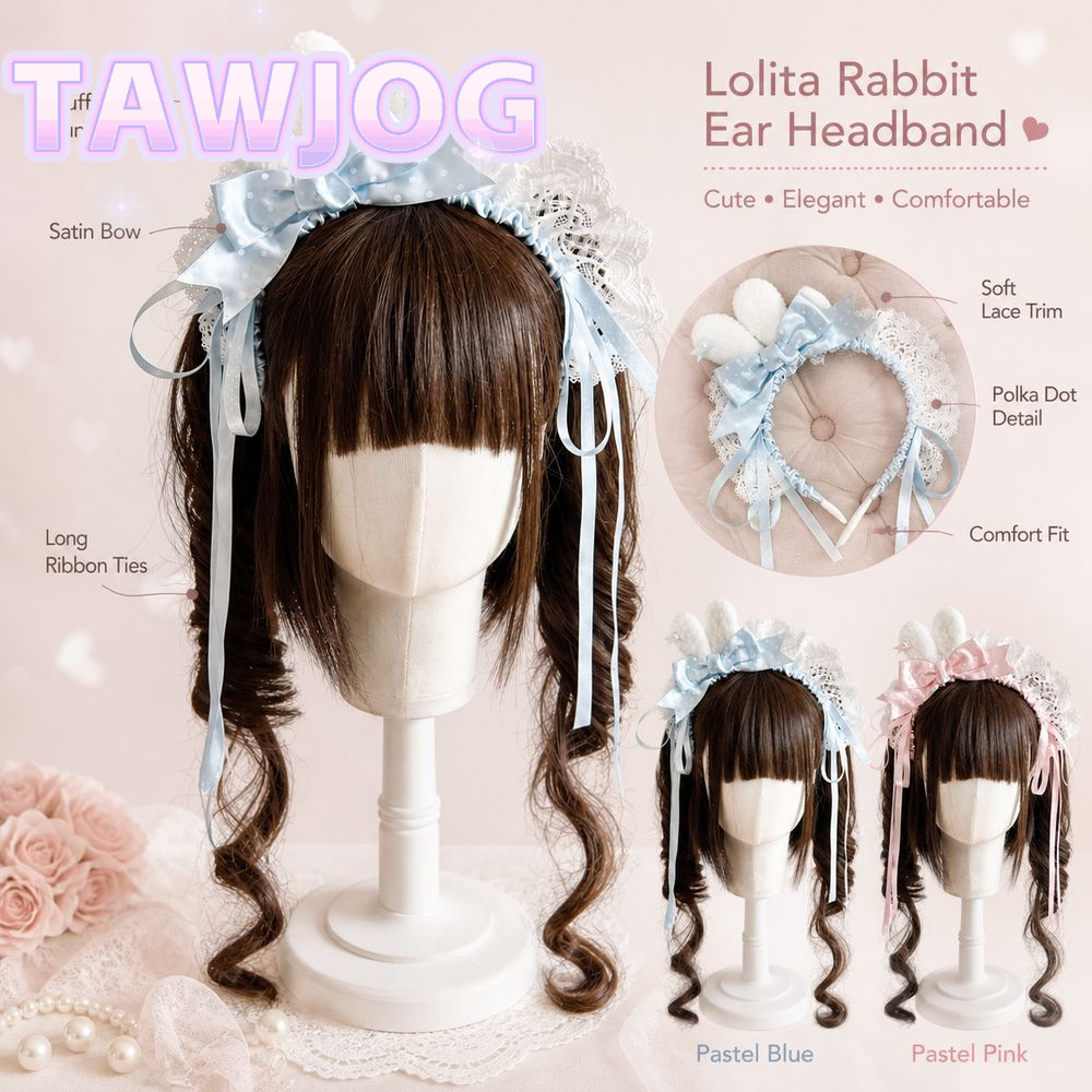 TAWJOG Bow Headband, Gothic Style Polka Dot Bow Bunny Ear Headband, Mini Bunny Ear Lace Trim lolita 