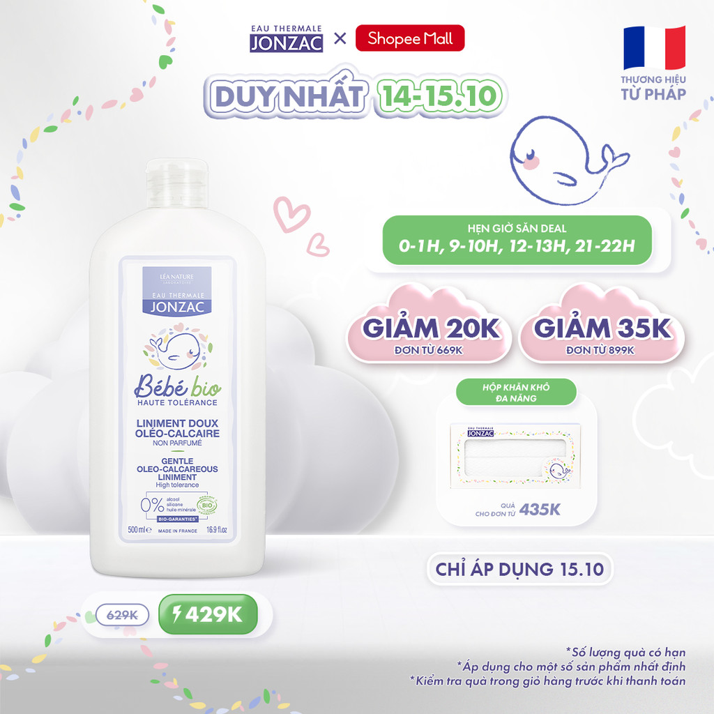 Dung dịch vệ sinh chống hăm tã hữu cơ JONZAC - Giữ ẩm làm mềm nuôi dưỡng làn da bé (500Ml-1L)