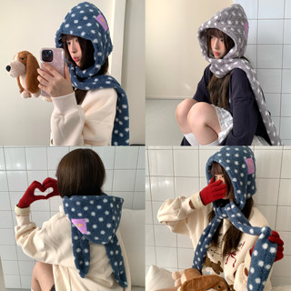 Mũ quàng cổ chấm bi xanh bảo vệ tai mùa đông cho nữ