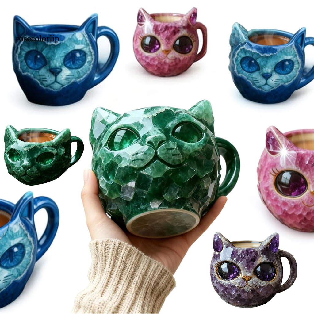 RR Geode Mèo Cốc Trang Trí Nhà Bếp Đồ Uống Handmade Geode Mèo Mặt Cốc Nhựa Độc Đáo Mèo Con Cho Trà C