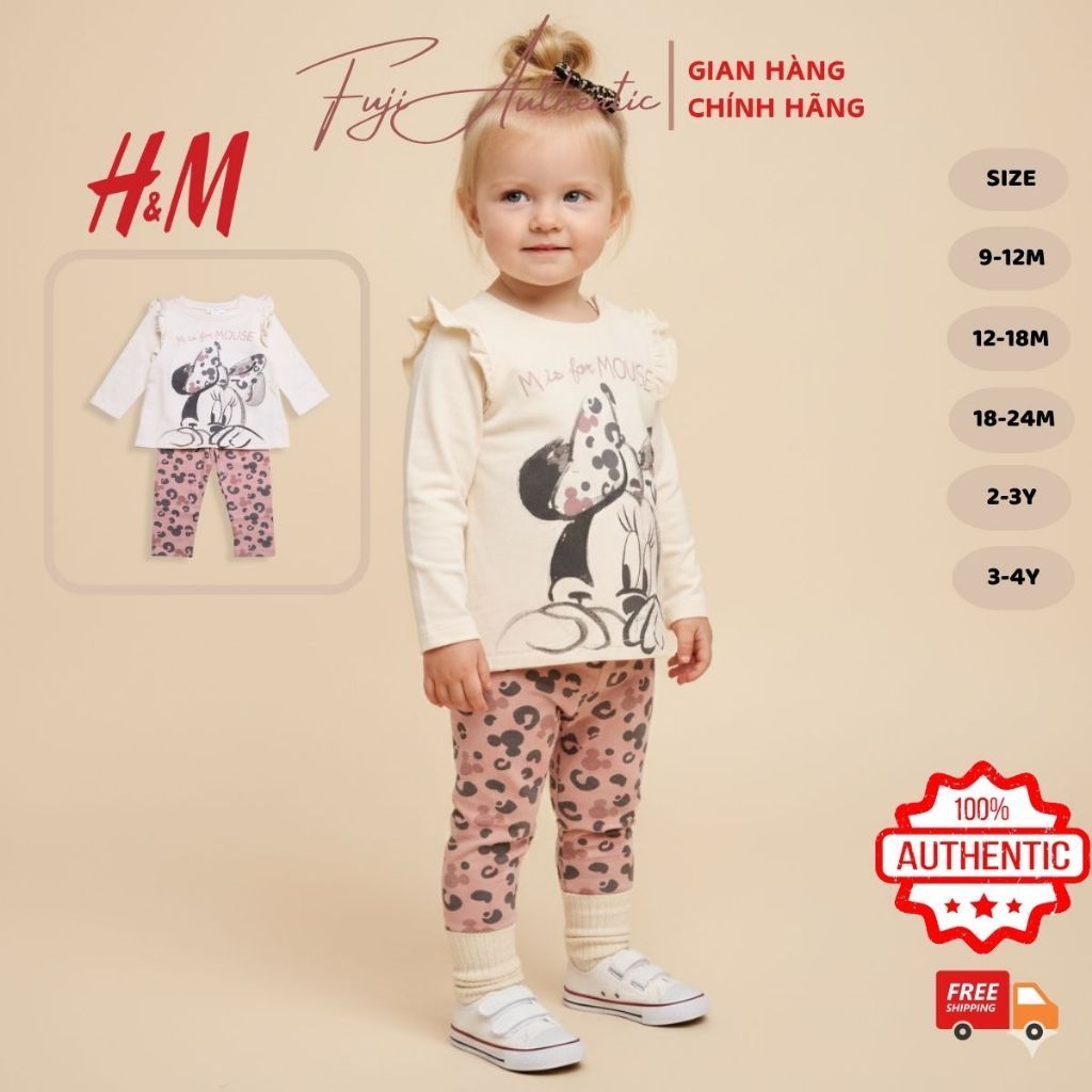 [7-13kg] Bộ quần áo bé gái HM AUTH đồ bộ thu đông nỉ da cá Minnie be cho bé 6 tháng - 18 tháng
