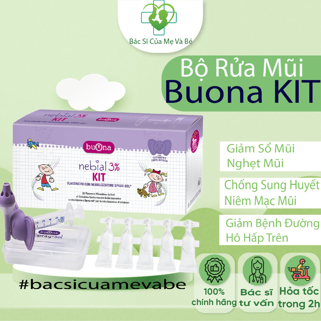 Buona Nebial 3% KIT - Bộ Rửa Mũi, Xịt Xông Làm Sạch Khoang Mũi Toàn Diện, Kèm 20 Ống Nebial 3% 5ml