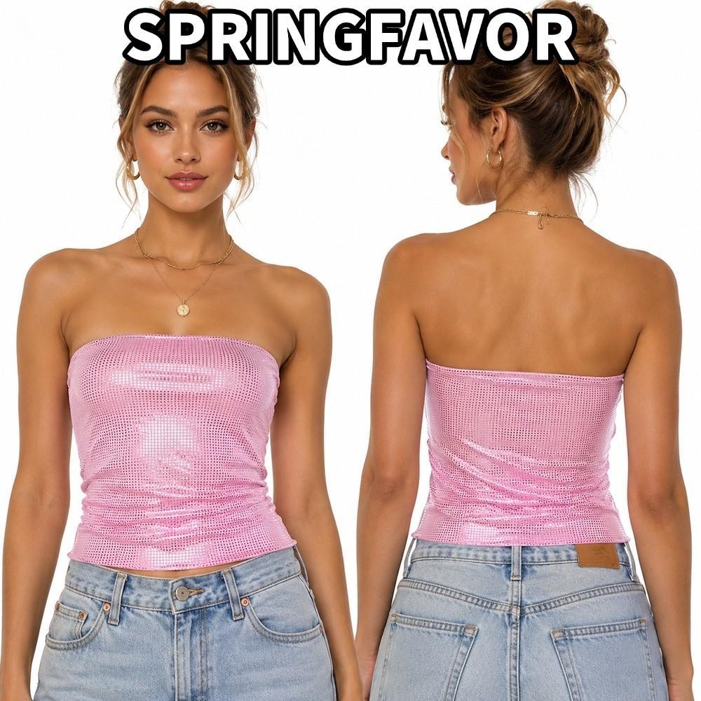 SPRINGFAVOR Sequin Tank Top, Áo sequin không tay đính sequin ống đính sequin, Thời trang hở lưng co 