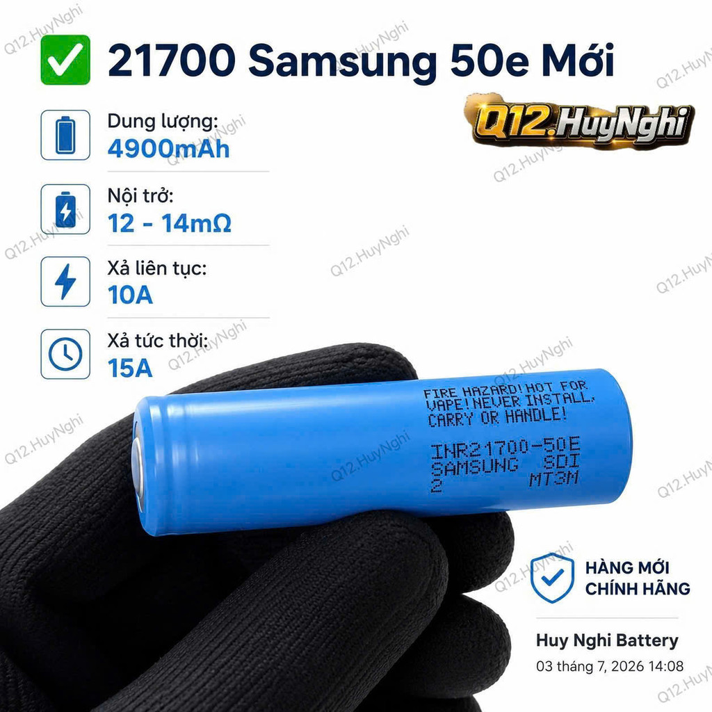 21700 Samsung 50E Mới, Dung lượng 4900mah, Nội trở: 12 - 14mr, Xả 15a