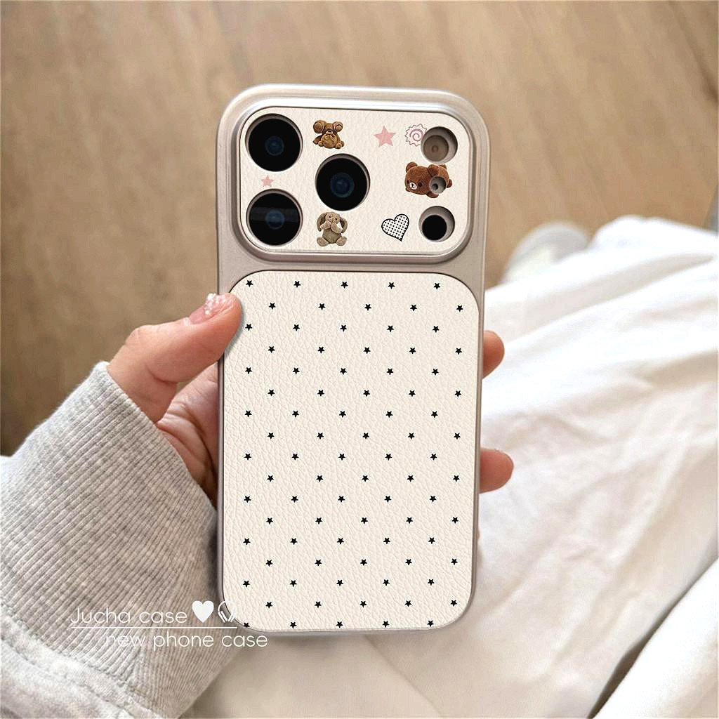Ốp lưng da vân cửa sổ lớn họa tiết gấu chấm bi, Tương thích iPhone 16/17 Pro Max/15 Pro Max/14/13/12