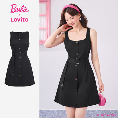 Barbie™ X Lovito Mẫu váy đen mùa xuân/hè thắt đai cài nút cho nữ phong cách thường ngày DRBL3PAD040