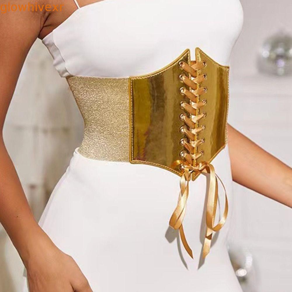 GLOWHIVE Gold Cummerbunds, Dây thắt lưng nữ bằng da PU đàn hồi, Đầm lưng cao cấp Thắt lưng rộng Cors
