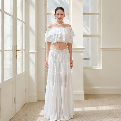 Set Nữ JOVEN Poppy [Tách Lẻ] Áo Bèo Viền Ren Và Chân Váy Voan Nhún Bèo 3 Tầng