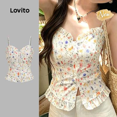 (New Arrival) Lovito Áo Boho Họa Tiết Lá Sói Viền Lá Sói Cài Nút Mùa Xuân/Hè Cho Nữ TKB200TD242