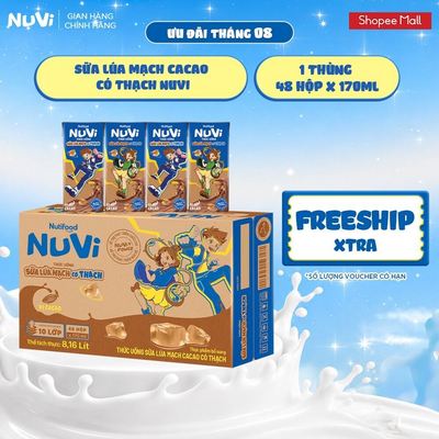 Thùng 48 Hộp Thức Uống Sữa Lúa Mạch Cacao Có Thạch NuVi 170ml