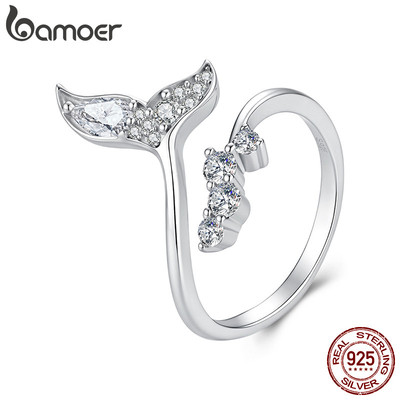 Bamoer Bạc 925 Mở Nhẫn Có Thể Điều Chỉnh Kích Thước Đuôi Cá Moissanite Trang Sức Quà Tặng Cho Nữ