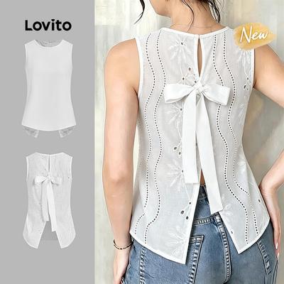 (New Arrival) Lovito Áo Boho Nữ Mùa Xuân/Hè Cổ Lưng Nơ Xếp Ly Trắng TKK8P1D670