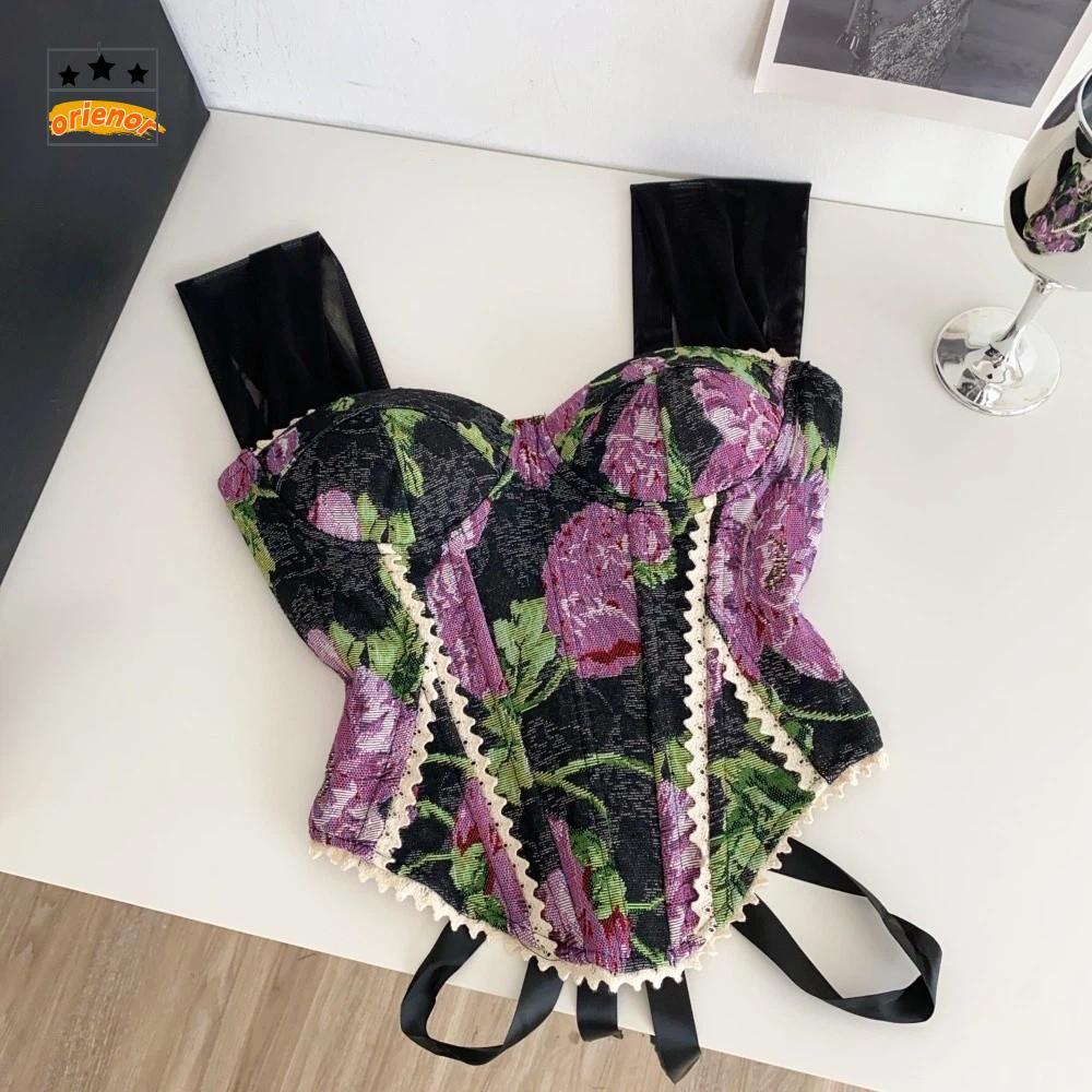 ORIENOR Retro Corset Top, Ren Jacquard Vải Xương Cá Corset, Vintage Gợi Cảm Nhiều Màu Sắc In Hoa Jac