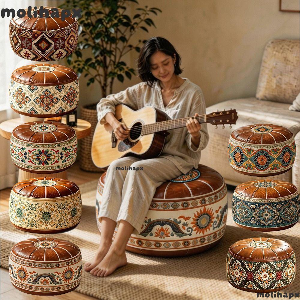 Ghế đẩu Ottoman tròn MOLIH, Da PU Phong cách cổ điển Vỏ bệ chân, Họa tiết chim hình học Hình tròn có