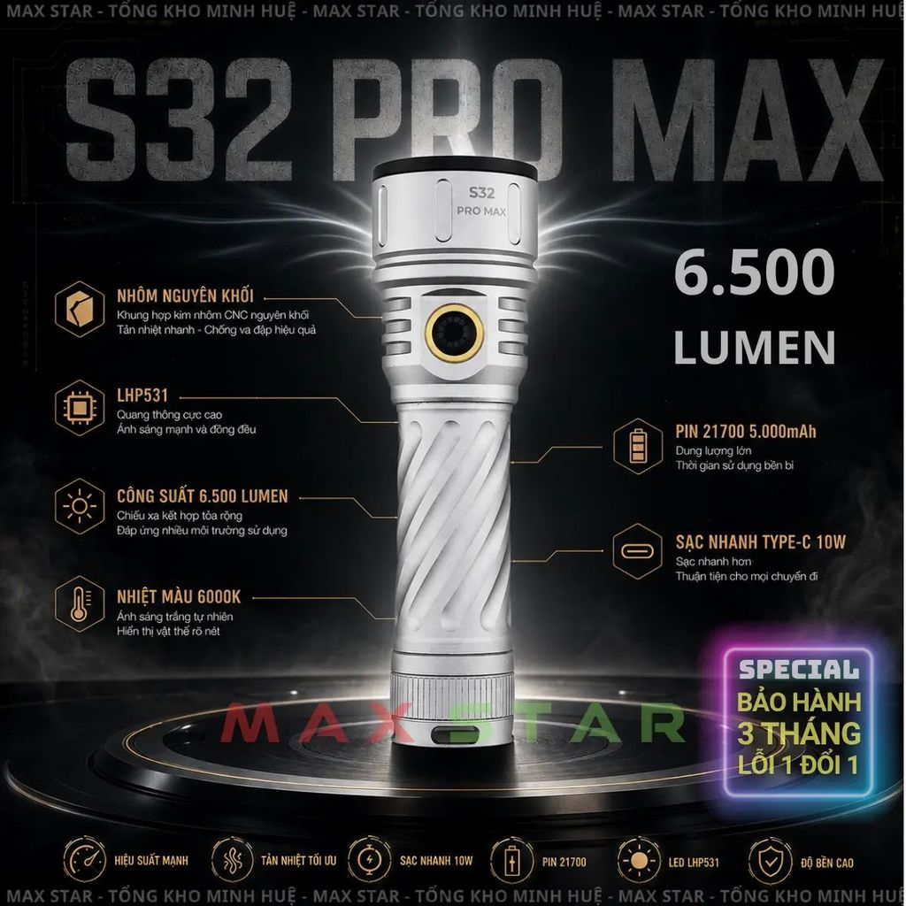Đèn pin cầm tay siêu sáng 6500lumen MAX STAR S32 PRO MAX