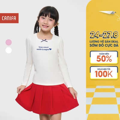 Áo phông bé gái CANIFA dài tay cổ tròn đính nơ 1TL25C003