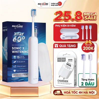 Bàn chải điện Maxcare Sonic X Whitening xoay 60 độ làm sạch kép, êm dịu tối ưu