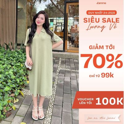 Đầm bầu đẹp, váy bầu dáng suông RIKA DRESS, váy bầu cổ polo, chất cotton gạo co dãn 4 chiều thiết kế bới L'amme