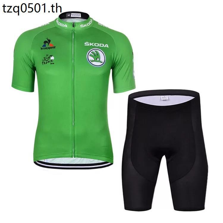 Bộ đồ đạp xe đạp leo núi xanh tay ngắn mùa hè, áo jersey và quần Tour de France