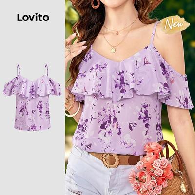 (New Arrival) Lovito Áo kiểu Boho tay bèo màu tím phong cách Xuân/Hè cho nữ BLK8P1D558