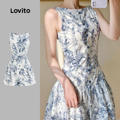 Đầm Lovito phong cách thường ngày có nút mùa xuân/hè màu xanh dương cho nữ L151AD004