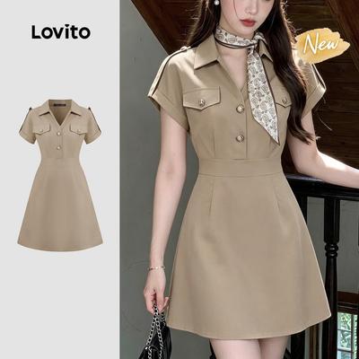(New Arrival) Lovito Váy thường ngày giả túi cúc khóa kéo mùa Xuân/Hè đầm kaki cho nữ DRB198P1D988