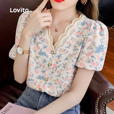 Áo kiểu nữ Lovito thanh lịch xuân hè nút trước cổ xếp nếp phong cách L182LD053