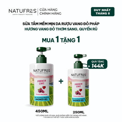 [LIVE] Sữa Tắm Dưỡng Da Tươi Trẻ, Hương Vang Đỏ Natufres French Chic Chiết Xuất Rượu Vang Đỏ Pháp – 250ml / 450ml