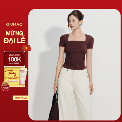 Áo Thun Nữ GUMAC Form Ôm Cổ Vuông Tay Ngắn Nhún Eo Cong Nữ Tính Hiện Đại Thanh Lịch Công Sở ATG08041