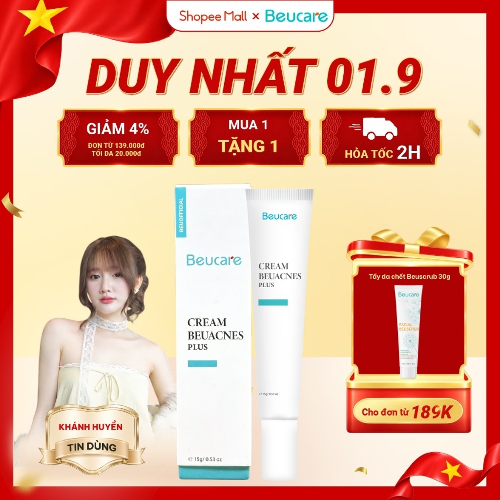 COD Kem giảm mụn nhanh 24h BEUACNES PLUS mụn trứng cá, chiết xuất rau má, hỗ trợ mờ thâm mụn 15g