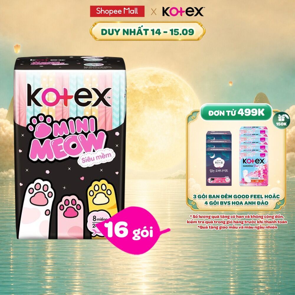 Combo 16 Băng vệ sinh Kotex MiniMeow Siêu mềm siêu mỏng cánh 8 miếng