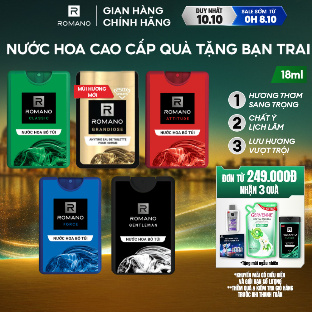 Nước hoa nam bỏ túi Romano hương Attitude/Classic/Force/Gentleman/Grandiose 18ml / chai