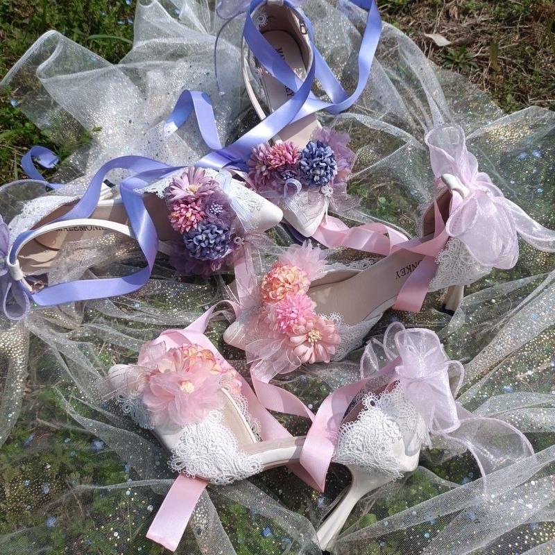 Giày cao gót Bridal lolita (✷ ❈ lolita) có thiết kế hoa — giày cao gót đế màu hồng và tím