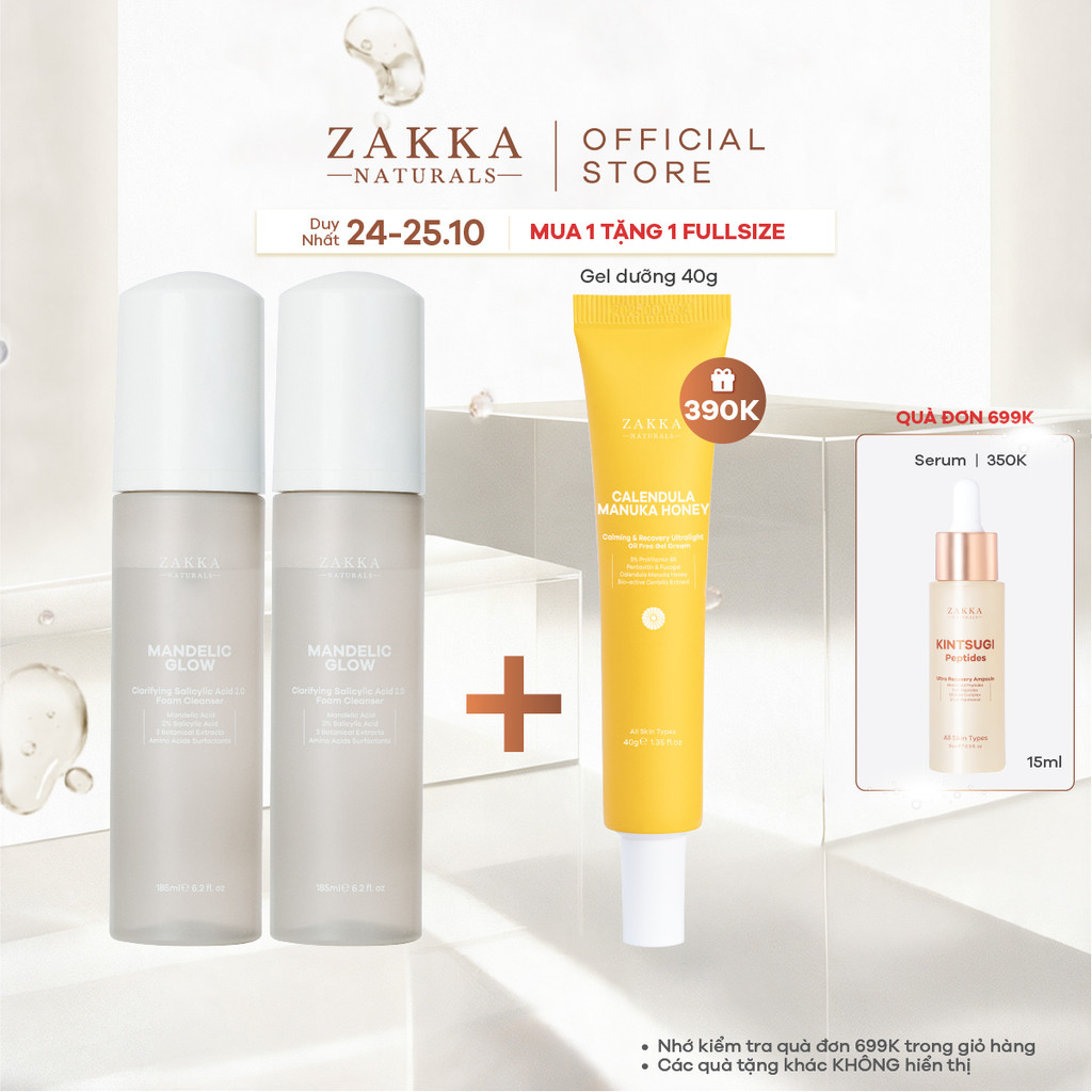 Combo 2 Sữa rửa mặt tạo bọt BHA, AHA Mandelic Glow Zakka Naturals 185ml