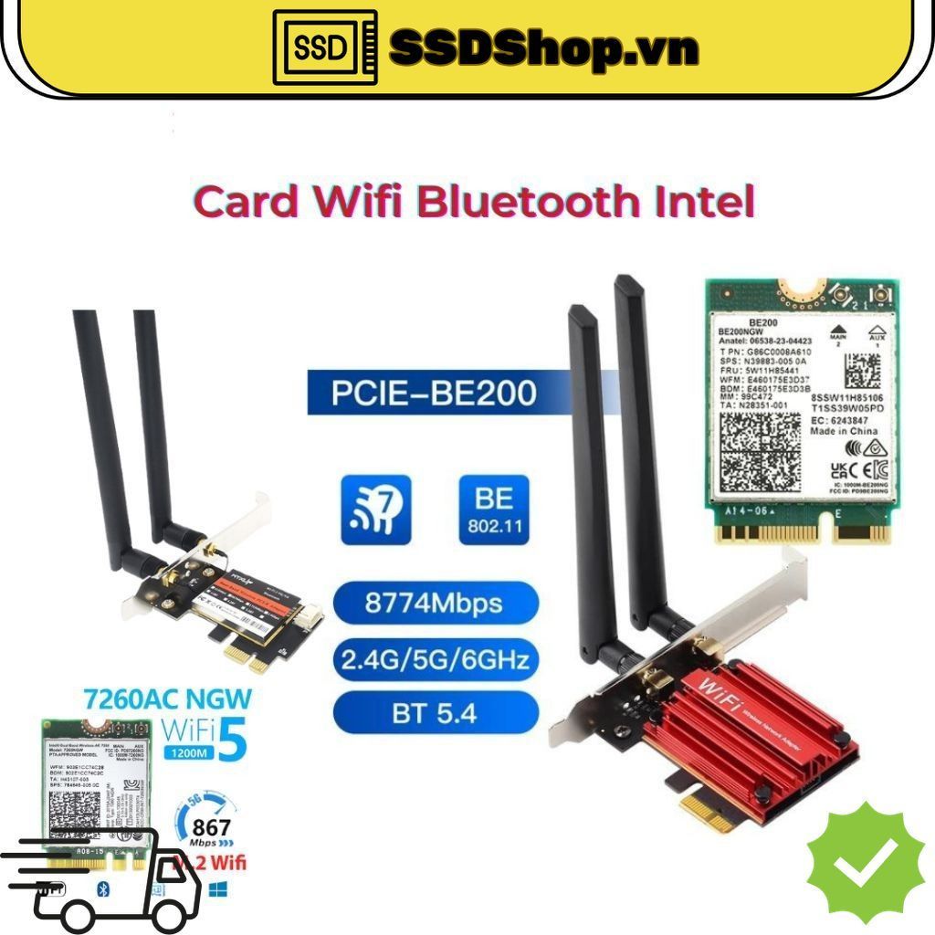 Card Wifi Bluetooth PCI 1x Wifi 5 intel 7260 , Wifi 6E AX210 , Wifi 7 BE200, AX1800
