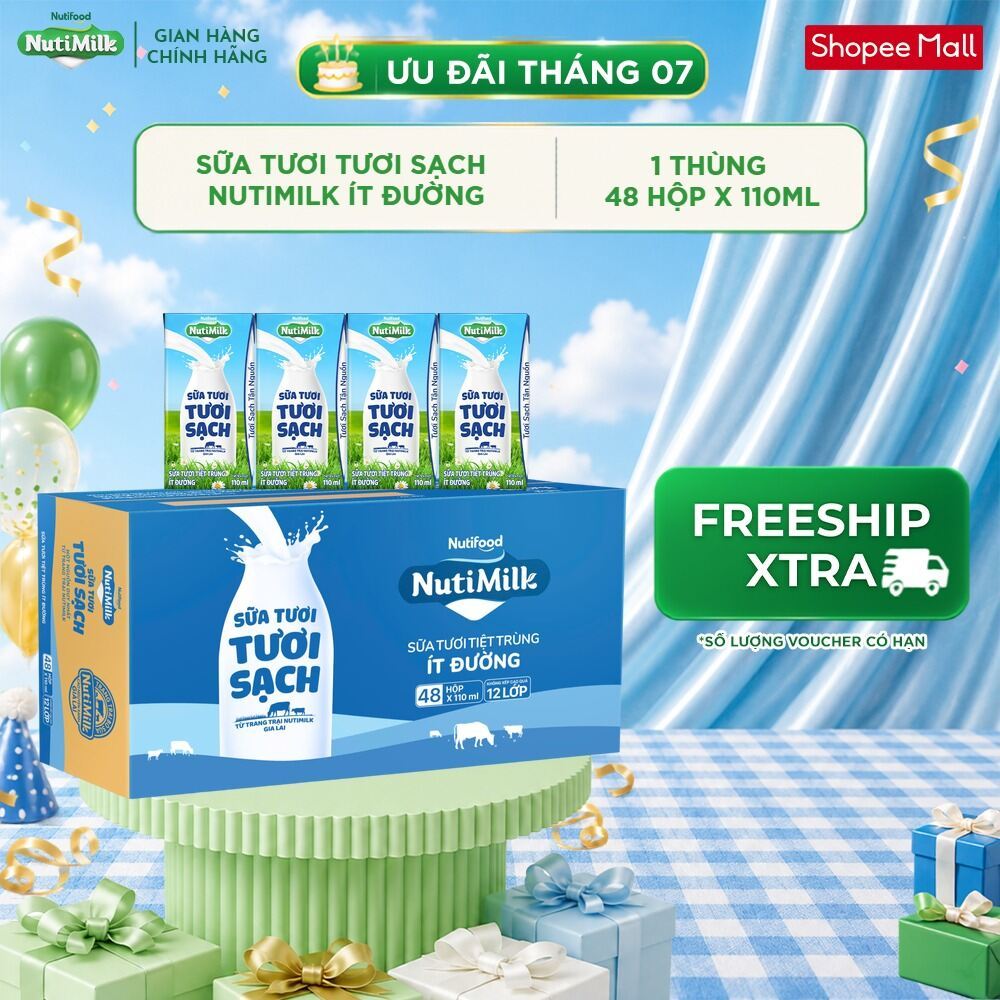 Thùng 48 Hộp Sữa Tươi Tươi Sạch NutiMilk 110ml/hộp Ít Đường