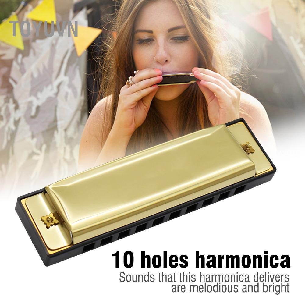 Toyuvn Nhạc cụ kim loại Harmonica 10 lỗ Daconovo 2 màu Nhẹ di động cho nhạc sĩ Vàng Bạc (Vàng)