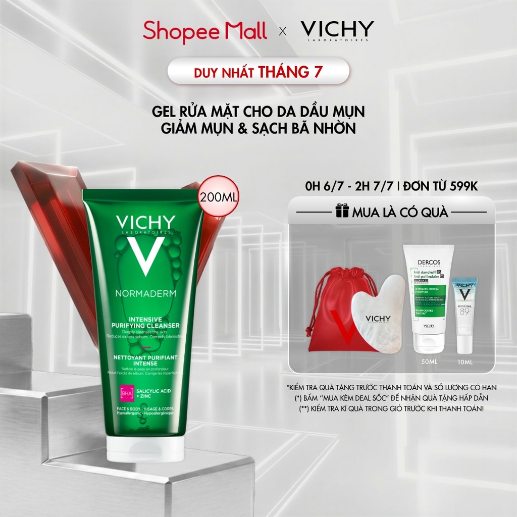 Sữa rửa mặt dạng gel làm sạch sâu giảm bã nhờn Vichy Normaderm Intense Purifying Cleanser 200ml