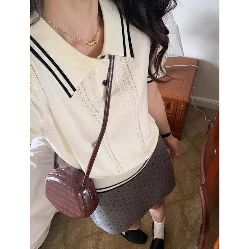 2026 Phong Cách Mới Zero Seven Zero Preppy Phong Cách Đẹp Cổ POLO Rỗng Áo Len Nữ 2026 Niche Vai Trướ