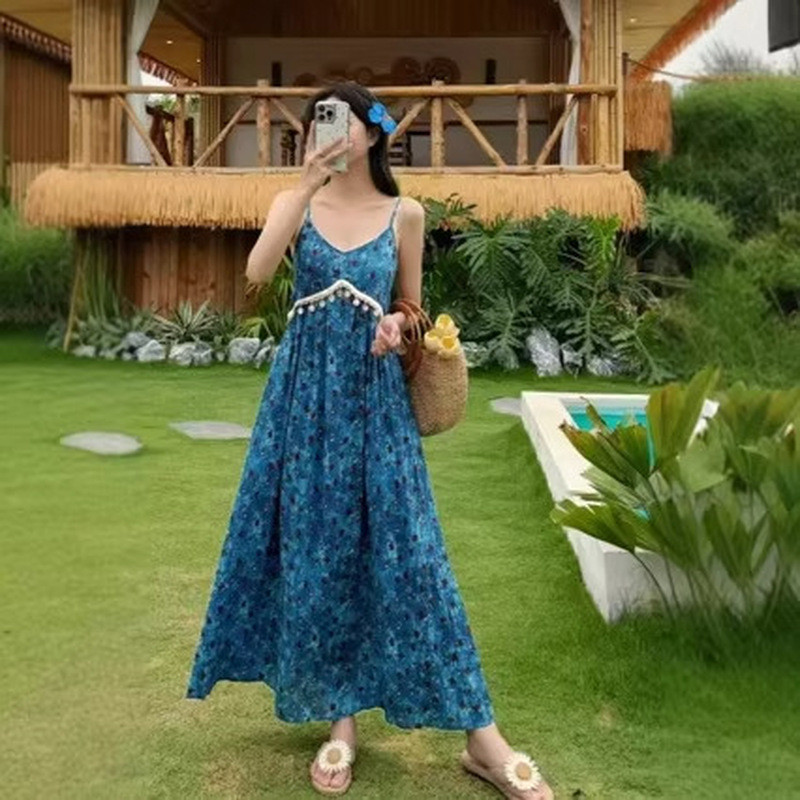 2026 Dây Đầm Cao Cấp Sling Đi Biển Phong Cách Kỳ Nghỉ Đầm Dài Bohemian Đầm