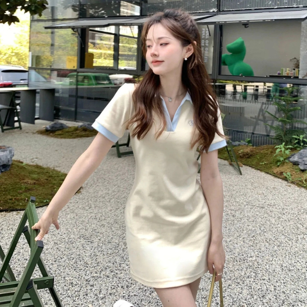 Mùa hè Niche Design Sense Milky Sweet Girly Sense Slimer Look Short Contrast Color polo Dress