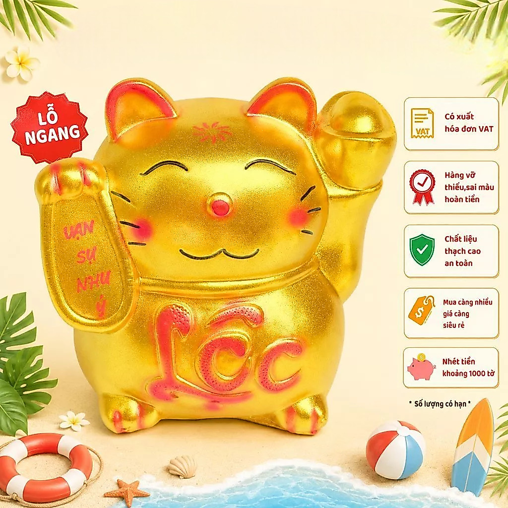 [Top Value] Heo đất ống tiết kiệm tiền lỗ ngang mèo thần tài size to vàng đồng vip LD77 - TABILINE