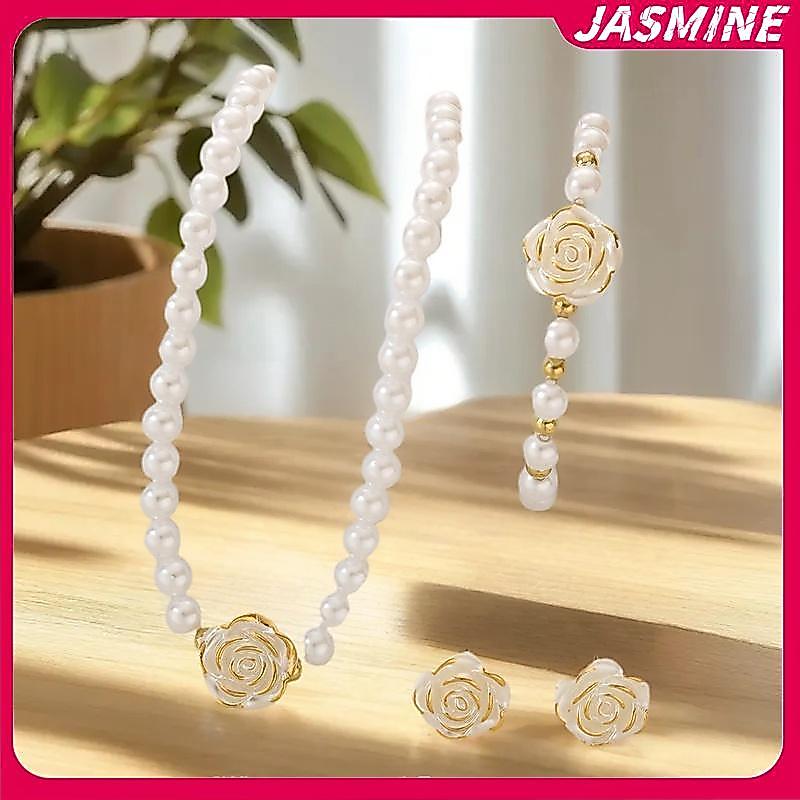 JASMINE 3 Chiếc Camellia Nữ Đảng Nelace Vòng Tay Và Bông Tai Bộ Trang Sức Cô Dâu Thanh Lịch Quà Tặng