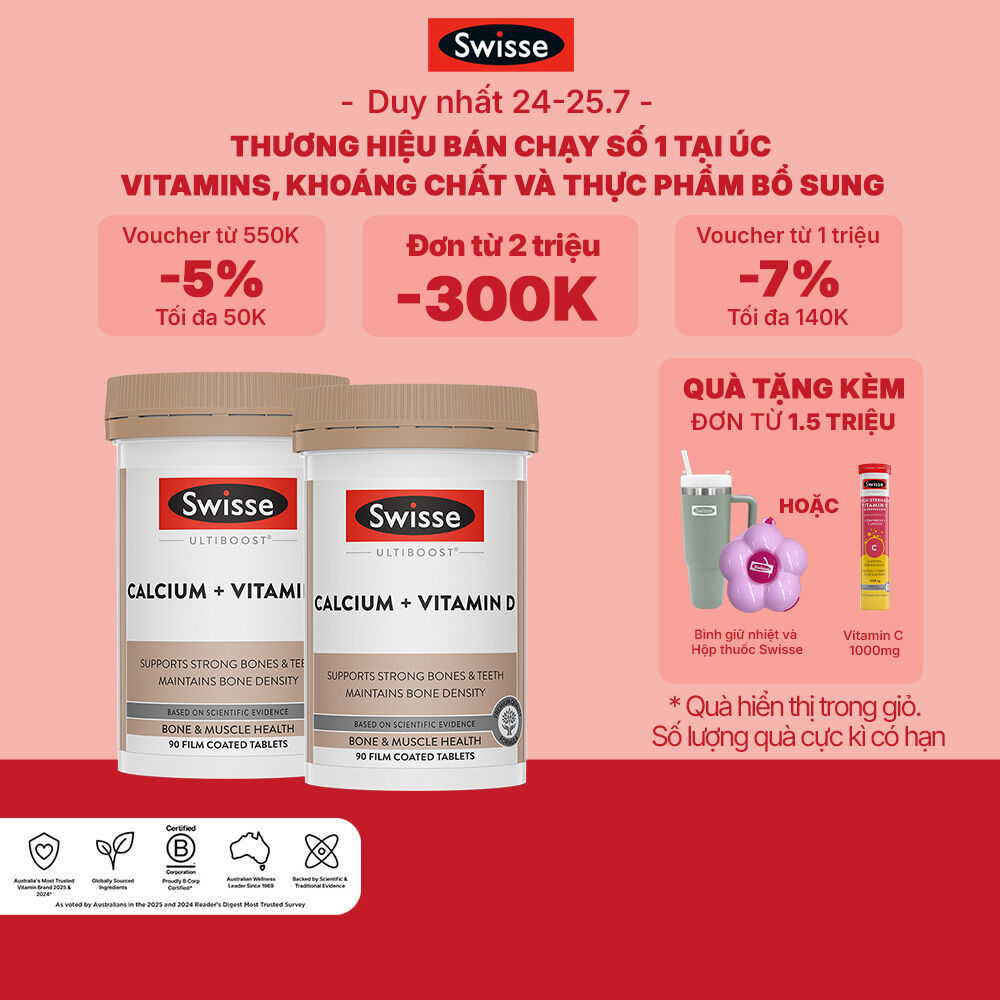 Combo 2 lọ hỗ trợ duy trì mật độ xương Swisse Ultiboost Canxi + Vitamin D3 90 viên